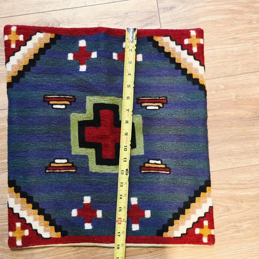 Southwestern Handwoven Wool Pillow Cover,  Blue Red Geometric Cross, Dorm Decor